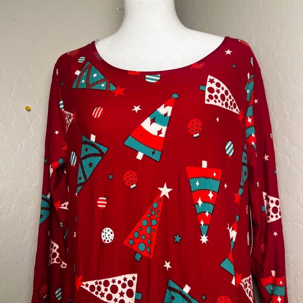 Womens Red Christmas Tree Print Long Sleeve Swing Dress Holiday Party A-Line